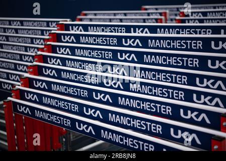 Manchester, Regno Unito. 8 luglio 2023. 8 luglio 2023; Manchester Regional Arena, Manchester, Lancashire, Inghilterra; Muller UK Athletics Championships 2023 Manchester; ostacoli pronti per essere lanciati credito: Action Plus Sports Images/Alamy Live News Foto Stock