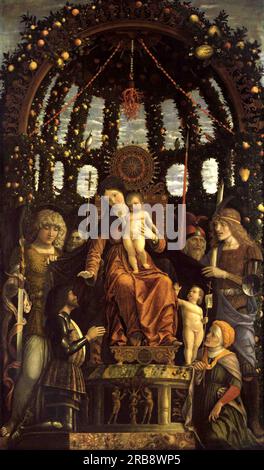 La Vergine della Vittoria (la Madonna col bambino in trono con sei Santi e adorata da Gian Francesco II Gonzaga) 1496 di Andrea Mantegna Foto Stock