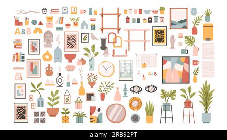 Set di arredamento per interni scandinavi. Piante domestiche, candele, scaffali, vasi per un arredo accogliente e alla moda. Illustrazione Vettoriale