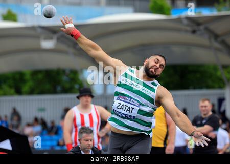 Manchester, Regno Unito. 8 luglio 2023. Youcef Zatat è in procinto di raggiungere il secondo posto nel tiro maschile messo durante i Campionati di atletica leggera del Regno Unito alla Manchester Regional Arena, Manchester, Regno Unito, l'8 luglio 2023. (Foto di Conor Molloy/News Images) a Manchester, Regno Unito il 7/8/2023. (Foto di Conor Molloy/News Images/Sipa USA) credito: SIPA USA/Alamy Live News Foto Stock