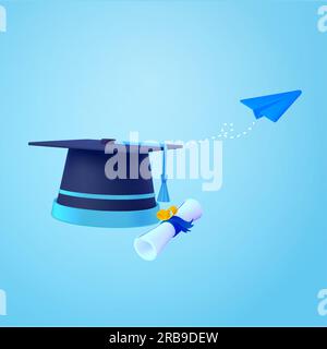cappello o cappello 3d e diploma, piano di carta volante, isolato sullo sfondo. Concetto per università, college, accademia, cerimonia del liceo, borsa di studio, graduati. illustrazione vettoriale 3d. Illustrazione vettoriale Illustrazione Vettoriale