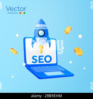 notebook 3d con lancio di razzi, monete volanti, isolato sullo sfondo. Concetto di design per banner SEO, ottimizzazione dei motori di ricerca, alto rango, aumento, primi 1. illustrazione vettoriale 3d. Illustrazione vettoriale Illustrazione Vettoriale