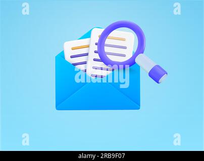 busta aperta in 3d con lettere, lente di ingrandimento, isolata sullo sfondo. Concetto di lettura di e-mail, messaggi, sms, scansione, ispezione, controllo, esame. illustrazione vettoriale 3d. Illustrazione vettoriale Illustrazione Vettoriale