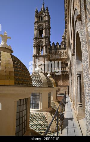 Vista panoramica della Cattedrale di Palermo con le piccole cupole laterali in stile barocco di Ferdinando fuga in Sicilia, Italia. Foto Stock