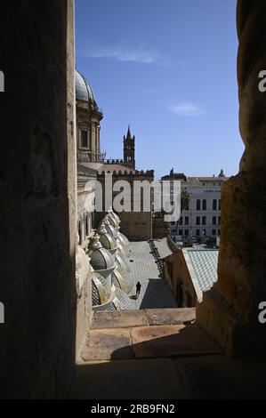 Vista panoramica della Cattedrale di Palermo con le piccole cupole laterali in stile barocco di Ferdinando fuga in Sicilia, Italia. Foto Stock