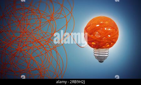 Tangled fune costituente una lampadina elettrica su sfondo blu. 3D'illustrazione. Foto Stock