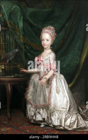 L'arciduchessa Maria Teresa d'Austria con un pappagallo in gabbia di Anton Raphael Mengs Foto Stock