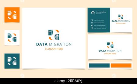 Design del logo per la migrazione dei dati con slogan modificabile. Libro di branding e modello di biglietto da visita. Illustrazione Vettoriale