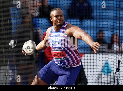 Lawrence Okoye in The Men's Talk Throw durante il primo giorno dei Campionati di atletica leggera del Regno Unito e dei World Trials alla Manchester Regional Arena. Data foto: Sabato 8 luglio 2023. Foto Stock