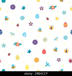 Modello senza fine con uova, fiori e insetti. Primavera, Pasqua. Illustrazione Vettoriale