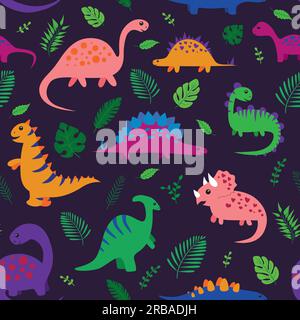 Modello con cartoni animati, dinosauri e foglie. Illustrazione Vettoriale