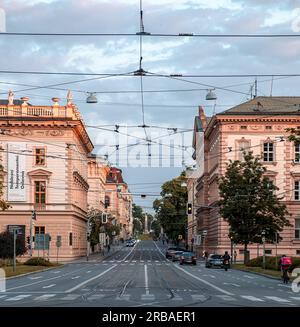 Architettura e vista sulla strada a Brno, Repubblica Ceca Foto Stock