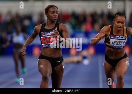 Dina Asher-Smith vince la finale femminile di 100 m durante i Campionati britannici di atletica leggera alla Manchester Regional Arena, Manchester, Regno Unito, 8 luglio 2023. (Foto di Conor Molloy/News Images) Foto Stock