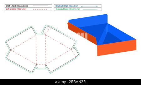 Pizza Box personalizzato, modello di linea di stampo per un quarto di contenitore per pizza e scatola di rendering vettoriale 3D. Illustrazione Vettoriale