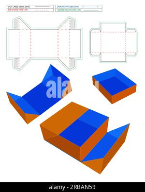 Scatola pieghevole personalizzata, scatola di prodotti di lusso personalizzata, vino, prodotti cosmetici, modello di linea di stampo per bottiglie e illustrazione vettoriale 3D. Illustrazione Vettoriale