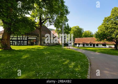 Parco e annessi, Castello di Stauffenberg, Collezione storica della musica Jehle, Memoriale di Stauffenberg, architettura, edificio in legno, percorso Foto Stock