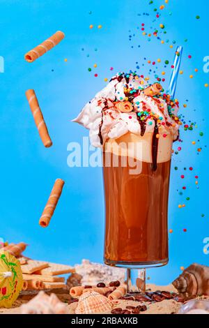 Caffè freddo con panna montata, salsa al cioccolato e zucchero volante cosparso su sabbia, conchiglie, coni gelato, fondo blu Foto Stock