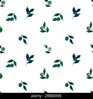 Motivo mirtillo ad acquerello senza cuciture con bacche, foglie disegnate a mano isolate su bianco. Per tessuti, carta da imballaggio, sfondi Foto Stock