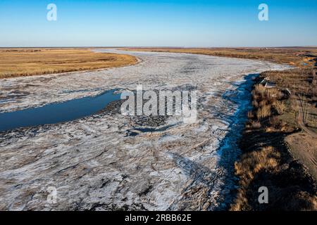 Aerea del fiume Irtysh, Kurchatov, sede dei fomer del Poligono di Semipalatinsk, Kazakistan Foto Stock