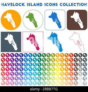 Collezione di icone dell'isola di Havelock. Icone della mappa colorate e alla moda. Distintivo moderno di Havelock Island. Illustrazione vettoriale. Illustrazione Vettoriale