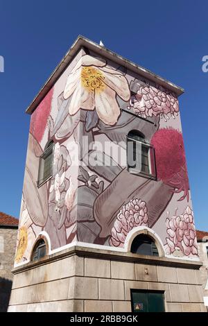 Casa trasformatrice dipinta con motivi floreali e vegetali, murale di Pastel artista di Street art, Vila Nova de Gaia, regione di Porto, Portogallo Foto Stock