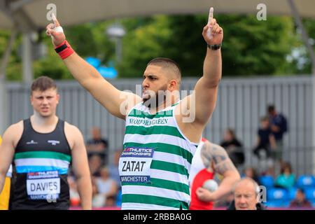 Youcef Zatat dopo aver lanciato il tiro durante i campionati britannici di atletica leggera alla Manchester Regional Arena, Manchester, Regno Unito. 8 luglio 2023. (Foto di Conor Molloy/News Images) a Manchester, Regno Unito il 7/8/2023. (Foto di Conor Molloy/News Images/Sipa USA) credito: SIPA USA/Alamy Live News Foto Stock