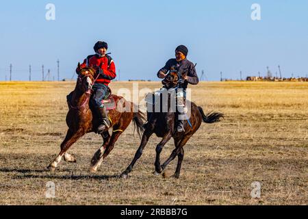 Uomini che praticano il Kokpar, gioco nazionale di cavalli, Kazakistan Foto Stock