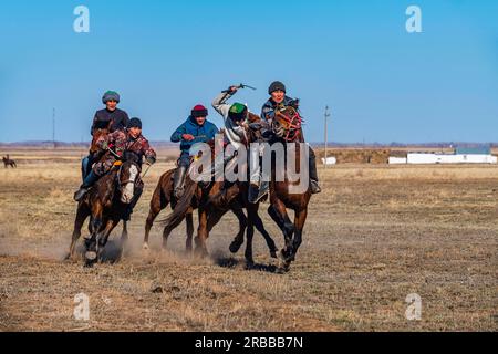 Uomini che praticano il Kokpar, gioco nazionale di cavalli, Kazakistan Foto Stock