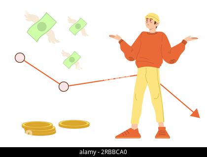 Problemi finanziari e concetto di fallimento. Giovane triste uomo depresso. Illustrazione vettoriale in stile cartone animato. Illustrazione Vettoriale