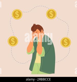 Depresso uomo triste che pensa a problemi finanziari e debiti. Ho bisogno di soldi. Illustrazione vettoriale per fallimento, perdita, crisi, concetto di problemi. Illustrazione Vettoriale