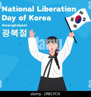 Giornata nazionale di liberazione della corea illustrazione gwangbokjeol con donne che reggono bandiera coreana Illustrazione Vettoriale