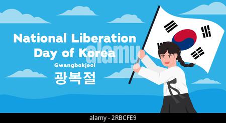 Giorno di liberazione nazionale della corea bandiera orizzontale con donne che reggono bandiera coreana Illustrazione Vettoriale