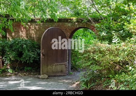 Antico cancello in legno ad arco in un lussureggiante giardino, muro in mattoni, luce soffusa in una giornata di sole. Foto Stock