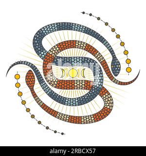 Emblema antico esoterico che presenta due serpenti simbolo della dualità e Luna isolata su bianco. Illustrazione vettoriale Illustrazione Vettoriale