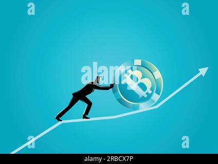 Business Concept vettore illustrazione di un uomo d'affari che spinge una moneta di bit verso l'alto sul grafico Illustrazione Vettoriale