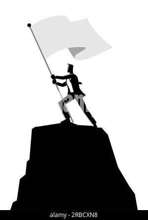 Business Concept vettore illustrazione di un uomo d'affari che detiene una bandiera in cima alla roccia Illustrazione Vettoriale