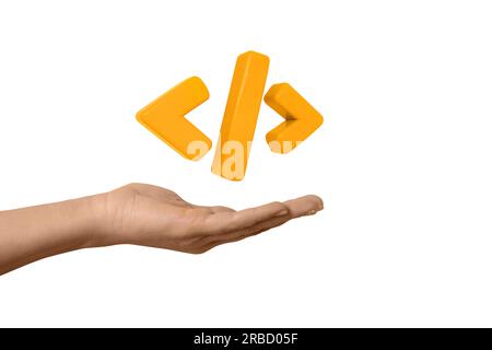 Icona di programmazione del codice di rendering 3D. Simbolo del codice di programmazione in mano isolato su sfondo bianco, codifica o sfondo hacker. Sviluppo e software Foto Stock