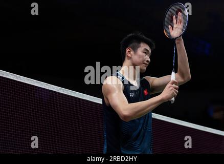 Calgary, Canada. 8 luglio 2023. Li Shifeng della Cina festeggia dopo le semifinali del match singolo maschile contro il giapponese Naraoka Kodai al Canada Open badminton Tourment 2023 a Calgary, Canada, l'8 luglio 2023. Crediti: Zou Zheng/Xinhua/Alamy Live News Foto Stock