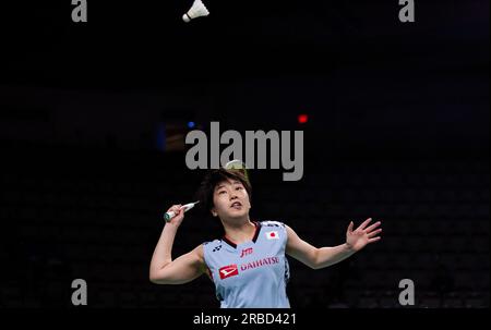Calgary, Canada. 8 luglio 2023. Yamaguchi Akane del Giappone restituisce una chance durante le semifinali del match di singolare femminile contro Pusarla Venkata Sindhu dell'India al Canada Open 2023 a Calgary, Canada, l'8 luglio 2023. Crediti: Zou Zheng/Xinhua/Alamy Live News Foto Stock