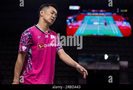 Calgary, Canada. 8 luglio 2023. Il giapponese Nishimoto Kenta reagisce durante le semifinali del match di singolare maschile contro il giapponese Lakshya Sen al Canada Open 2023 a Calgary, Canada, l'8 luglio 2023. Crediti: Zou Zheng/Xinhua/Alamy Live News Foto Stock