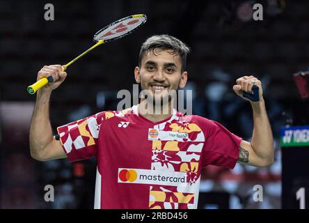 Calgary, Canada. 8 luglio 2023. Lakshya Sen of India celebra la vittoria dopo le semifinali del match di singolare maschile contro il giapponese Nishimoto Kenta al Canada Open 2023 a Calgary, Canada, l'8 luglio 2023. Crediti: Zou Zheng/Xinhua/Alamy Live News Foto Stock