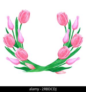 Corona di tulipani rosa ad acquerello disegnata a mano su sfondo bianco. Album, cartolina, tessuto, invito a nozze, album Foto Stock