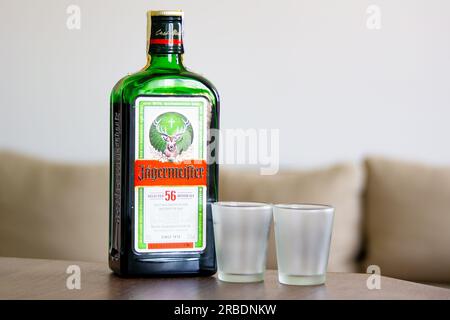 OSTRAVA, REPUBBLICA CECA - 21 GIUGNO 2023: Bottiglia di vetro di distillato di erbe Jagermeister con due shot Foto Stock