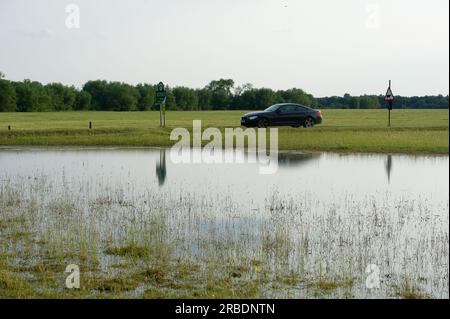 Dorney, Buckinghamshire, Regno Unito. 16 giugno 2023. Le inondazioni su Dorney Common stanno peggiorando. Parti dei giardini dei residenti che tornano sul comune adiacente al Roundmoor Ditch stanno ora ricevendo acqua. Thames Water dice che non è un loro problema, eppure è loro permesso scaricare acqua piovana nel Roundmoor Dtich. Credito: Maureen McLean/Alamy Foto Stock