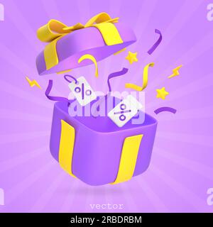 Confezione regalo 3d con serpentina volante, nastri, etichette regalo, coupon, stelle. Concetto di promozione, sconto, vendita, regalo. Illustrazione del rendering vettoriale in Plast Illustrazione Vettoriale