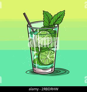 Mojito. Illustrazione fumettistica disegnata a mano con cocktail Mojito. Illustrazione di cartoni animati in stile doodle vettoriale Illustrazione Vettoriale