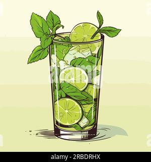 Mojito. Illustrazione fumettistica disegnata a mano con cocktail Mojito. Illustrazione di cartoni animati in stile doodle vettoriale Illustrazione Vettoriale