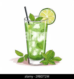 Mojito. Illustrazione fumettistica disegnata a mano con cocktail Mojito. Illustrazione di cartoni animati in stile doodle vettoriale Illustrazione Vettoriale