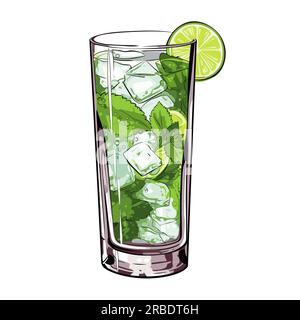 Mojito. Illustrazione fumettistica disegnata a mano con cocktail Mojito. Illustrazione di cartoni animati in stile doodle vettoriale Illustrazione Vettoriale