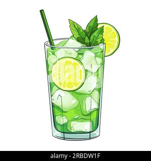 Mojito. Illustrazione fumettistica disegnata a mano con cocktail Mojito. Illustrazione di cartoni animati in stile doodle vettoriale Illustrazione Vettoriale